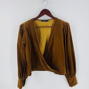 Karen Millen Mustard Brown Corduroy Wrap Puff Sleeve Top Size M Goblin Earthy